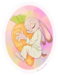  2018 4_fingers anthro carrot claws clothed clothing dipstick_ears disney ears_down eyes_closed female food fur grey_fur hi_res hug judy_hopps kurokuma824 lagomorph mammal pajamas pillow pink_nose rabbit simple_background sleeping small_tail smile solo vegetable zootopia 