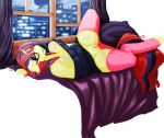  2015 anthro anthrofied avante92 bed big_breasts breasts clothing digital_media_(artwork) equine eyewear female floppy_ears friendship_is_magic glasses hair horn legwear lying mammal moondancer_(mlp) multicolored_hair my_little_pony off_shoulder on_back purple_eyes pussy solo sweater thigh_highs unicorn 