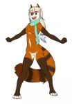  anthro breasts comfycushion female looking_at_viewer mammal nipples open_mouth pussy red_panda scarf smile solo standing 