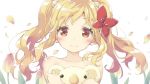  aikatsu!_(series) aikatsu_stars! blonde_hair blush bow brown_eyes closed_mouth collarbone commentary_request hair_bow happy_birthday long_hair nijino_yume nude object_hug peko petals red_bow simple_background smile solo stuffed_animal stuffed_koala stuffed_toy twintails white_background 