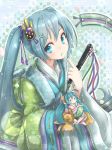  akino_coto aqua_eyes aqua_hair character_doll closed_fan commentary_request fan folding_fan hair_ornament hatsune_miku highres holding holding_fan japanese_clothes kimono layered_clothing layered_kimono long_hair looking_at_viewer md5_mismatch nail_polish open_mouth solo twintails vocaloid 