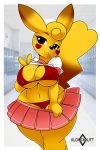  2018 anthro anthrofied big_breasts blue_eyes bra breasts cleavage cleft_tail clothed clothing digital_media_(artwork) eyelashes female kloudmutt looking_at_viewer mammal navel nintendo nipple_bulge paties pikachu pok&eacute;mon pok&eacute;mon_(species) pok&eacute;morph rodent school_uniform shirt skirt solo underwear uniform v_sign video_games 