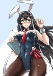  adapted_costume alternate_costume animal_ears black_hair black_legwear blue_background blue_leotard breasts bunny_ears bunny_tail bunnysuit cowboy_shot detached_collar fake_animal_ears from_below glasses green_eyes hairband highres kantai_collection leotard long_hair looking_at_viewer medium_breasts necktie ooyodo_(kantai_collection) pantyhose red_neckwear semi-rimless_eyewear solo strapless strapless_leotard tail under-rim_eyewear vt wrist_cuffs 