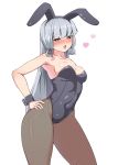  animal_ears armpit_crease armpits bangs bare_arms bare_shoulders black_legwear blunt_bangs blush breasts brown_eyes bunny_ears bunny_girl bunnysuit cleavage collarbone commentary_request contrapposto covered_navel cowboy_shot cuff_links fake_animal_ears fishnet_pantyhose fishnets grey_hair grey_hairband grey_leotard hair_ribbon hairband half-closed_eyes hand_on_hip heart heart-shaped_pupils highres jito_mesuki_nitouhei kantai_collection leotard long_hair looking_at_viewer medium_breasts murakumo_(kantai_collection) open_mouth pantyhose remodel_(kantai_collection) ribbon round_teeth sideboob sidelocks simple_background solo standing straight_hair strapless strapless_leotard symbol-shaped_pupils teeth thighs tress_ribbon very_long_hair white_background wide_hips wrist_cuffs 