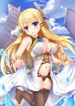 azur_lane bangs bare_shoulders barefoot black_legwear black_panties blonde_hair blue_eyes blush breasts cleavage cloud commentary_request covered_nipples day dress eyebrows_visible_through_hair eyelashes fingernails flight_deck floating_hair flower_ornament hair_ornament highres large_breasts laurel_crown looking_at_viewer md5_mismatch navel no_shoes ocean outdoors panties parted_lips ribbon rigging skirt_hold sky sleeveless sleeveless_dress solo ss851251 standing standing_on_liquid standing_on_one_leg stirrup_legwear thighhighs thighs toeless_legwear turret underwear veil victorious_(azur_lane) water_drop wrist_ribbon 