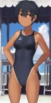  androgynous bangs bare_arms bare_shoulders black_eyes black_hair black_swimsuit blue_sky closed_mouth clothes_writing cloud competition_swimsuit cowboy_shot dark_skin day expressionless eyebrows_visible_through_hair hands_on_hips holding legs_apart looking_at_viewer lvi mizuno one-piece_swimsuit one-piece_tan original outdoors shiny shiny_skin short_hair skin_tight sky solo standing sweatdrop swimsuit table tan tanline thighs 