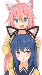  :d alternate_hairstyle animal_ears blue_eyes blue_hair blush cardigan cat_day chestnut_mouth commentary_request eyebrows_visible_through_hair fake_animal_ears hair_between_eyes hair_down kagamihara_nadeshiko linfa_lm long_hair multiple_girls open_mouth pink_hair purple_eyes putting_on_headwear school_uniform shima_rin smile very_long_hair yurucamp 