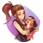 2018 animal artist_name black_gloves black_shirt brigitte_(overwatch) brown_eyes brown_hair cat closed_eyes closed_mouth commentary dated fangs fingerless_gloves freckles gloves hair_ornament hair_tie half-closed_eyes hand_on_head lips long_hair open_mouth overwatch petting ponytail shirt sidelocks sleeveless sleeveless_shirt smile solo upper_body vmat whiskers_(overwatch) 