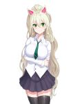  animal_ears arm_behind_back arm_under_breasts black_legwear blonde_hair blush breast_hold breasts copyright_request drill_hair greem_bang green_eyes green_neckwear high_ponytail highres holding_own_arm large_breasts long_hair looking_at_viewer necktie pleated_skirt school_uniform simple_background skirt smile solo thighhighs very_long_hair white_background zettai_ryouiki 