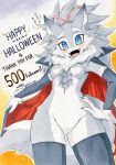  2018 akabane_jin blue_eyes blush canid canine canis cape clothing costume dog english_tezt female fur grey_fur holidays husky japanese_text lia looking_at_viewer mammal ribbons solo text traditional_media_(artwork) tuft white_fur 