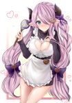  absurdres apron blue_eyes braid breasts cleavage commentary_request demon_horns draph granblue_fantasy hair_ornament hair_over_one_eye highres horns large_breasts lavender_hair long_hair looking_at_viewer low_tied_hair narmaya_(granblue_fantasy) pointy_ears purple_hair single_braid solo sukuemon 