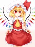  ascot blonde_hair blush closed_mouth commentary_request eyebrows_visible_through_hair flandre_scarlet gradient gradient_background hat highres long_hair m9kndi red_eyes red_skirt side_ponytail skirt smile solo standing touhou wings wrist_cuffs yellow_neckwear 