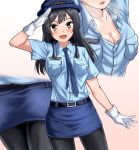  1girl belt black_hair black_legwear black_skirt blue_shirt blush breasts eyebrows_visible_through_hair gloves gradient gradient_background hair_between_eyes hat highres kantai_collection large_breasts long_hair long_sleeves miniskirt necktie open_mouth oyashio_(kantai_collection) pantyhose police police_hat police_uniform policewoman salute shirt skirt solo uniform white_gloves zanntetu 