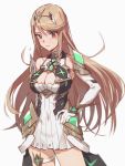  armor blonde_hair blush breasts cleavage dress gloves highres hikari_(xenoblade_2) large_breasts long_hair looking_at_viewer solo tugo white_background xenoblade_(series) xenoblade_2 yellow_eyes 