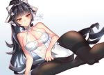  1girl azur_lane black_hair black_legwear blush breasts brown_eyes cleavage curvy female flower gradient_background hair_ornament hair_ribbon large_breasts long_hair long_ponytail looking_at_viewer on_side one-piece_swimsuit pantyhose ponytail ribbon see-through simple_background sitting solo swimsuit takao_(azur_lane) thighs uehara_(higanbachi) very_long_hair 