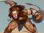  2018 agtaur anthro biceps clothed clothing digital_media_(artwork) feline fur hair lion loincloth male mammal melee_weapon muscular solo sword tattoo topless weapon 