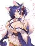  animal_ears azur_lane bangs bare_shoulders blush bow bowtie breasts cat_ears cleavage cleavage_cutout closed_fan closed_mouth cowboy_shot detached_sleeves fan folding_fan hair_ribbon head_tilt highres holding holding_fan jintsuu_(azur_lane) large_breasts lips long_hair long_sleeves looking_at_viewer miniskirt obi petals pleated_skirt ponytail purple_bow purple_neckwear red_ribbon ribbon sash sendrawz shawl shiny shiny_hair simple_background skirt smile solo standing swept_bangs twitter_username white_background white_skirt wide_sleeves 
