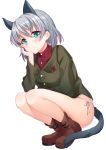 absurdres animal_ears bad_id bad_pixiv_id boots bottomless cat_ears cat_tail commentary_request eyebrows_visible_through_hair green_eyes hand_on_own_cheek highres lucha_tongxie military military_uniform panties red_shirt sanya_v_litvyak shirt short_hair side-tie_panties silver_hair smile solo squatting strike_witches tail underwear uniform white_panties world_witches_series 