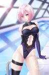  arm_support armor artist_name ass_visible_through_thighs bad_id bad_pixiv_id bare_shoulders black_gloves black_legwear black_leotard breasts breasts_apart cleavage_cutout closed_mouth cowboy_shot day elbow_gloves eyebrows_visible_through_hair eyes_visible_through_hair fate/grand_order fate_(series) gloves gorget groin hair_over_one_eye highleg highleg_leotard highres hips indoors leaning_to_the_side legs_apart lens_flare leotard light_smile looking_at_viewer mash_kyrielight medium_breasts multicolored multicolored_clothes multicolored_gloves navel navel_cutout pink_hair pool poolside purple_eyes purple_gloves railing rei_no_pool short_hair single_thighhigh skindentation slender_waist smile solo sparkle standing sun sunday_se7en taut_clothes thigh_strap thighhighs thighs tile_floor tiles twitter_username water window 