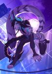  2018 4_toes 5_fingers anthro black_hair blue_eyes braided_hair clothed clothing crossdressing digital_media_(artwork) digitigrade feline hair horn hybrid kyander long_hair male mammal sky solo star starry_sky tiger toes 