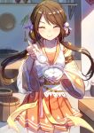  ^_^ blush brown_hair closed_eyes collarbone commentary_request cowboy_shot eyebrows_visible_through_hair feeding food hair_ornament highres long_hair original pov_feeding smile solo spoon twintails very_long_hair you_hashira 