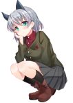  absurdres animal_ears bad_id bad_pixiv_id black_legwear boots cat_ears commentary_request eyebrows_visible_through_hair green_eyes hand_on_own_cheek highres lucha_tongxie military military_uniform no_tail plaid plaid_skirt red_shirt sanya_v_litvyak shirt short_hair silver_hair skirt smile solo squatting strike_witches uniform world_witches_series 