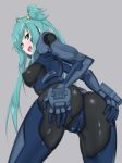 anus ass bell blush bodysuit breasts cameltoe covered_anus cui_yifei eyebrows_visible_through_hair green_eyes green_hair hair_bell hair_ornament highres jingle_bell long_hair looking_at_viewer looking_back medium_breasts muvluv muvluv_alternative muvluv_total_eclipse nose_blush pilot_suit shingyo sidelocks simple_background smile solo spread_ass twintails very_long_hair 