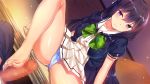  1girl barefoot black_hair blue_panties blush braid breasts censored desk dutch_angle feet footjob french_braid game_cg highres hinasaki_you hitotsu_yane_no_tsubasa_no_shita_de jinno_nahoko large_breasts long_hair mosaic_censoring non-web_source official_art on_desk panties penis pleated_skirt purple_eyes school_uniform short_hair sitting skirt smile solo_focus underwear 