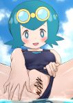  :d bar_censor beach blue_hair blue_sky blush breasts censored clitoris goggles goggles_on_head happy looking_at_viewer meronshiroppu one-piece_swimsuit pointless_censoring pokemon pokemon_(anime) pokemon_sm_(anime) presenting pussy sky small_breasts smile spread_legs spread_pussy suiren_(pokemon) swimsuit trial_captain urethra 