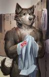  2018 anthro canine clothing digital_media_(artwork) fur hi_res looking_at_viewer male mammal nipples nude shirt simple_background solo tacklebox wolf 