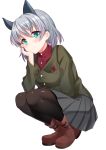  absurdres animal_ears bad_id bad_pixiv_id black_legwear boots cat_ears commentary_request eyebrows_visible_through_hair green_eyes hand_on_own_cheek highres lucha_tongxie military military_uniform no_tail pantyhose plaid plaid_skirt red_shirt sanya_v_litvyak shirt short_hair silver_hair skirt smile solo squatting strike_witches uniform world_witches_series 