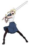  ahoge angry artoria_pendragon_(all) bangs black_footwear black_legwear blonde_hair blue_bow boots bow excalibur fate/stay_night fate_(series) fighting_stance green_eyes holding holding_sword holding_weapon huge_weapon looking_to_the_side mozzi pantyhose saber screaming shirt short_sleeves sidelocks simple_background solo sword weapon white_background white_shirt 