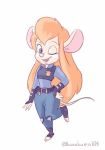  2016 3_toes 4_fingers anthro badge belt chip_&#039;n_dale_rescue_rangers clothed clothing cosplay disney eyelashes female gadget_hackwrench hair hand_on_hip judy_hopps kurokuma824 long_hair mammal mouse one_eye_closed open_mouth open_smile orange_hair police_uniform pose rodent simple_background smile solo toes uniform white_background wink zootopia 
