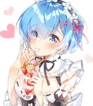  bare_shoulders black_neckwear black_ribbon blue_eyes blue_hair blush breasts cinnamon_stick cleavage detached_sleeves eating eyes_visible_through_hair food food_on_face frilled_sleeves frills fruit hair_ornament hair_over_one_eye hair_ribbon hairband heart ice_cream lolita_hairband long_sleeves looking_at_viewer medium_breasts neck_ribbon parfait pingo pink_ribbon pinky_out re:zero_kara_hajimeru_isekai_seikatsu rem_(re:zero) ribbon ribbon-trimmed_sleeves ribbon_trim shiny shiny_hair short_hair solo spoon star strawberry sundae tareme upper_body wafer_stick wide_sleeves x_hair_ornament 