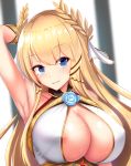  areola_slip areolae armpits azur_lane bangs bare_shoulders blonde_hair blue_eyes blurry blurry_background breasts chinese_commentary cleavage commentary_request covered_nipples damao_yu dress eyebrows_visible_through_hair eyelashes flower_ornament hair_ornament hand_behind_head hand_up highres large_breasts laurel_crown long_hair looking_at_viewer parted_lips partial_commentary revision ribbon sleeveless sleeveless_dress smile solo upper_body veil victorious_(azur_lane) wrist_ribbon 