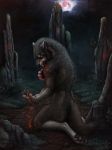  2018 amazing amazing_background anthro blood blue_eyes canine claw_marks claws darkicewolf detailed_background digital_media_(artwork) forest full_moon group hi_res kneeling male mammal moon night nude pawpads paws photorealism plant rakan red_eyes scar snarling solo_focus teeth tree were werewolf wolf wounded 