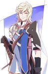  arthur_(granblue_fantasy) blonde_hair blue_sky granblue_fantasy male_focus older order_of_the_white_dragon_uniform outside_border red_eyes siwomi sky smile solo sword teenage upper_body weapon 