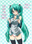  1girl aqua_hair bespectacled black_legwear blush breasts cleavage detached_sleeves glasses green_eyes hard_translated hatsune_miku headset highres long_hair medium_breasts nagy necktie panties polka_dot solo thighhighs translated twintails underwear undressing vocaloid white_panties 