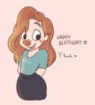  &lt;3 2016 anthro beauty_mark birthday blush brown_hair brown_nose canine clothed clothing disney dog ear_piercing english_text female goof_troop hair hands_behind_back happy_birthday japanese_text kurokuma824 mammal open_mouth open_smile piercing roxanne_(goof_troop) simple_background smile solo text 