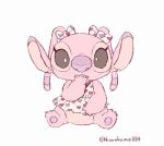  2016 4_fingers aged_down alien angel_(lilo_and_stitch) antennae bottomless brown_eyes claws clothed clothing covering_mouth cub disney dress experiment_(species) eyelashes female hair_bow hair_ribbon kurokuma824 lilo_and_stitch looking_at_viewer pink_body pink_claws pink_nose ribbons sitting solo young 