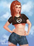  abs artist_name black_shirt blue_sky breasts brigitte_(overwatch) brown_eyes brown_hair brown_lipstick buttons cloud cloudy_sky collarbone cowboy_shot crop_top crop_top_overhang day eyelashes eyeliner fingernails freckles gloves groin hair_ornament hair_tie hairclip half-closed_eyes hands_on_hips highres legs_apart lips lipstick long_fingernails long_hair makeup mascara medium_breasts midriff nail_polish navel outdoors overwatch parted_lips paskudaka patreon_username pink_nails ponytail shirt short_shorts short_sleeves shorts sidelocks sky solo standing stomach toned underboob watermark web_address 