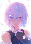  :o bangs bare_shoulders blush colored_eyelashes eyebrows_visible_through_hair eyes_visible_through_hair fate/grand_order fate_(series) glasses hair_over_one_eye hand_up long_sleeves looking_at_viewer mash_kyrielight nichiru off_shoulder open_mouth petals purple-framed_eyewear purple_eyes purple_hair shiny shiny_hair short_hair simple_background sleeves_past_wrists solo twitter_username upper_body white_background wing_collar 