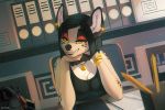  2018 anthro black_hair brown_nose canine clothed clothing detailed_background digital_media_(artwork) ear_piercing female hair iskra looking_at_viewer mammal piercing smile solo yellow_eyes 