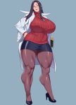  1girl black_hair breasts gigantic_breasts glasses hand_on_hip hidarikiki impossible_clothes impossible_sweater jewelry justice_gakuen lipstick long_hair minazuki_kyouko miniskirt muscular_female pantyhose pencil_skirt ribbed_sweater smile sweater thick_thighs 