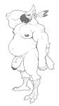  2018 anthro avian balls beak belly biceps big_belly big_pecs biped bird black_and_white breath_of_the_wild digital_media_(artwork) eyelashes feathers flaccid flower front_view full-length_portrait hand_behind_head hi_res humanoid_penis kass_(zelda) looking_at_viewer loose_feather male monochrome musclegut muscular muscular_male navel nintendo nipples nude open_mouth overweight pecs penis plant portrait rito saggy_balls simple_background solo standing talons the_legend_of_zelda toomanyboners vein veiny_penis video_games white_background 