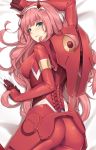  aqua_eyes ass bodysuit breasts covered_nipples dakimakura darling_in_the_franxx eyebrows_visible_through_hair hairband large_breasts long_hair looking_at_viewer looking_back lying on_stomach pilot_suit pink_hair smile solo tony_guisado very_long_hair zero_two_(darling_in_the_franxx) 