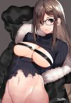  1girl bangs black_jacket blush breasts breasts_outside brown_hair cleavage_cutout consort_yu_(fate) earrings fate/grand_order fate_(series) fur_trim glasses grey_background grey_sweater hips jacket jewelry long_hair long_sleeves looking_at_viewer matarou_(genkai_toppa) medium_breasts navel open_clothes open_jacket purple_eyes ribbed_sweater simple_background solo sweater torn_sweater 