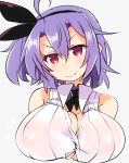  ahoge azur_lane bangs bare_shoulders black_hairband black_ribbon blush breasts buttons cleavage closed_mouth collared_shirt commentary_request dress_shirt eyebrows eyebrows_visible_through_hair eyelashes fang fang_out hair_between_eyes hairband headband kent_(azur_lane) large_breasts purple_hair red_eyes ribbon see-through shirogane_(platinum) shirt short_hair sleeveless sleeveless_shirt smile solo underboob undersized_clothes upper_body v-shaped_eyebrows white_background white_shirt 