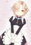  alternate_costume azur_lane breasts chain commentary_request coraman enmaided highres jewelry looking_at_viewer maid petals platinum_blonde_hair ring sheffield_(azur_lane) simple_background small_breasts solo wedding_ring yellow_eyes 