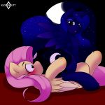  2018 anus butt crescent_moon cutie_mark digital_media_(artwork) duo equine feathered_wings feathers female female/female feral fluttershy_(mlp) friendship_is_magic hair hi_res hooves horn kloudmutt long_hair lying mammal moon my_little_pony night on_back pegasus pink_hair princess_luna_(mlp) puffy_anus winged_unicorn wings 
